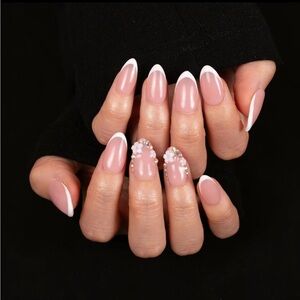 Chic Pink and White Press-On Nails with Rhinestone Accents